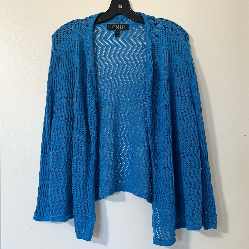 Kasper Coastal Blue Open Knit Drape Cardigan Sheer Y2K Boho Layering Sweater XL